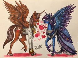 Size: 3264x2421 | Tagged: safe, artist:drago-draw, oc, oc only, oc:courageous heart, oc:galaxia, alicorn, pony, alicorn oc, clothes, commission, couple, dress, gala dress, high res, traditional art