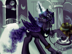 Size: 1000x750 | Tagged: dead source, safe, artist:php154, princess luna, alicorn, pony, g4, female, grin, headphones, magic, mare, moon, night, record player, smiling, solo, telekinesis, unshorn fetlocks