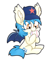 Size: 819x976 | Tagged: safe, artist:amberlea-draws, oc, oc only, oc:moonshot, bat pony, pony, baseball, baseball cap, bat pony oc, cap, cute, hat, nibbling, nom, simple background, solo, transparent background