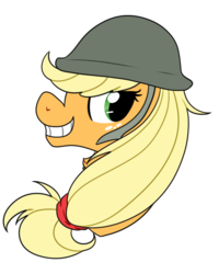 Size: 638x798 | Tagged: safe, artist:pikachumaster, applejack, how applejack won the war, g4, female, grin, helmet, simple background, smiling, solo, transparent background