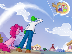 Size: 1024x768 | Tagged: safe, artist:dsp2003, artist:lalieri, pinkie pie, oc, oc:anon, earth pony, human, parasprite, pony, g4, catapult, collaboration, cyoa, disney, female, illustration, kingdom hearts, male, twinkle in the sky