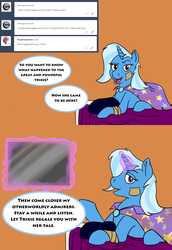 Size: 1123x1632 | Tagged: safe, artist:brushstroke, trixie, pony, unicorn, g4, cape, clothes, comic, female, glowing horn, horn, magic, mare, paladian brush stroke, solo, telekinesis, trixie's cape