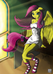 Size: 800x1131 | Tagged: safe, artist:magarnadge, fluttershy, anthro, unguligrade anthro, g4, clothes, coffee, crepuscular rays, female, floppy ears, morning ponies, nail polish, shirt, socks, solo, spread wings, striped socks, t-shirt