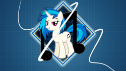 Size: 2560x1440 | Tagged: safe, artist:moongazeponies, artist:mylittlebroniede, dj pon-3, vinyl scratch, pony, unicorn, g4, female, grin, looking at you, music notes, smiling, solo, wallpaper