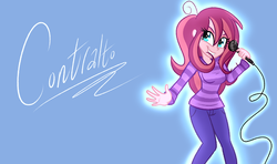 Size: 1400x829 | Tagged: dead source, safe, artist:wubcakeva, oc, oc only, oc:contralto, equestria girls, g4, blue background, clothes, disguised siren, equestria girls-ified, eyeshadow, makeup, microphone, outline, pants, simple background, smiling, solo