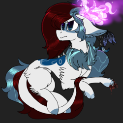 Size: 2560x2560 | Tagged: safe, artist:brokensilence, oc, oc only, oc:mira songheart, draconequus, pony, blood, chest fluff, draconequified, floating, high res, horns, magic, magical glow, noodle, ponysona, purple magic, solo, species swap