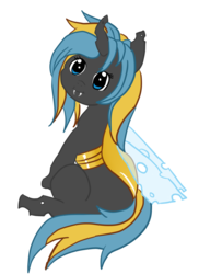 Size: 1149x1574 | Tagged: safe, artist:silversthreads, oc, oc only, oc:echo, changeling, blue changeling, changeling oc, cuteness overload, double colored changeling, solo, yellow changeling