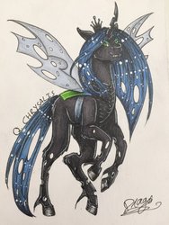 Size: 1024x1365 | Tagged: safe, artist:drago-draw, queen chrysalis, changeling, changeling queen, g4, commission, crown, female, jewelry, regalia, solo, traditional art