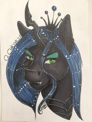 Size: 1024x1365 | Tagged: safe, artist:drago-draw, queen chrysalis, changeling, changeling queen, g4, bust, commission, female, portrait, solo, traditional art