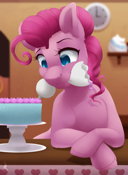 Size: 1650x2250 | Tagged: safe, artist:silentwulv, pinkie pie, g4, baking, cake, crossed hooves, female, food, frosting, mouth hold, solo