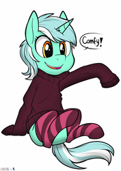 Size: 587x827 | Tagged: safe, artist:higglytownhero, artist:mikej, lyra heartstrings, g4, clothes, cute, female, lyrabetes, oversized clothes, simple background, sitting, socks, solo, speech bubble, striped socks, sweater, talking