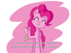 Size: 1024x768 | Tagged: safe, artist:dsp2003, artist:lalieri, pinkie pie, g4, clock, collaboration, dialogue, eyes closed, female, medallion, simple background, smiling, solo, text, transparent background