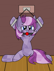 Size: 1200x1600 | Tagged: safe, artist:toonboy92484, oc, oc only, oc:lavender vows, crystal pony, pony, ballgag, bondage, cuffs, featureless crotch, gag, shackles, solo