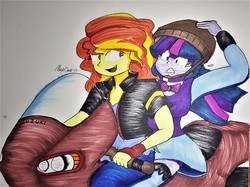 Size: 3971x2963 | Tagged: safe, artist:missmayaleanne, sci-twi, sunset shimmer, twilight sparkle, equestria girls, g4, duo, female, high res, lesbian, motorcycle, motorcycle helmet, ship:sci-twishimmer, ship:sunsetsparkle, shipping, traditional art