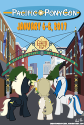 Size: 7200x10800 | Tagged: safe, artist:showtimeandcoal, oc, oc only, oc:mission belle, oc:rockwell, oc:silver strand, earth pony, pegasus, pony, unicorn, absurd resolution, city, clothes, con, con mascot, convention, gaslamp quarter, mascot, mascots, pacific ponycon, pacific ponycon 2017, ppc, print, san diego, shirt, t-shirt