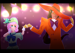 Size: 948x666 | Tagged: safe, artist:gamblingfoxinahat, discord, fluttershy, human, g4, clothes, dress, duo, humanized, male, ship:discoshy, shipping, straight, suit, the mask, zoot suit