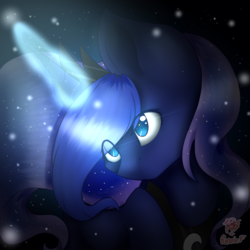 Size: 894x894 | Tagged: safe, artist:prettyshinegp, artist:punzieflower2002, princess luna, pony, g4, collaboration, eye clipping through hair, female, glowing, glowing horn, horn, mare, solo, wingless