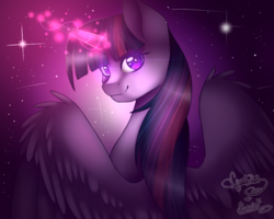 Size: 1000x800 | Tagged: safe, artist:minelvi, artist:punzieflower2002, twilight sparkle, alicorn, pony, g4, collaboration, female, glowing horn, horn, solo, spread wings, twilight sparkle (alicorn)