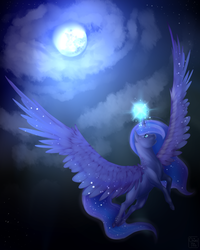 Size: 800x1000 | Tagged: safe, artist:chiromio, princess luna, alicorn, pony, g4, female, flying, full moon, glowing horn, horn, moon, night, solo, spread wings, wings