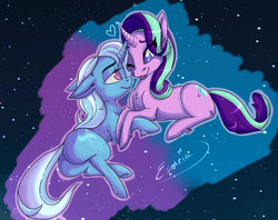 Size: 1021x808 | Tagged: safe, artist:esmeia, starlight glimmer, trixie, pony, unicorn, g4, butt, chest fluff, female, floppy ears, heart, lesbian, lidded eyes, looking at each other, mare, one eye closed, plot, prone, ship:startrix, shipping, stars, unshorn fetlocks