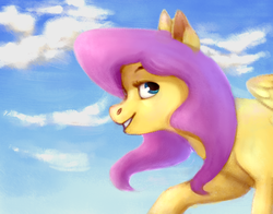 Size: 1270x994 | Tagged: safe, artist:drawerproyeah, fluttershy, g4, bust, cloud, female, looking at you, looking back, sky, smiling, solo