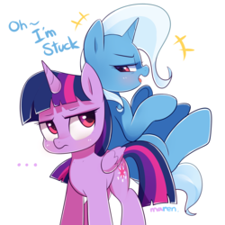 Size: 2000x2000 | Tagged: safe, artist:maren, trixie, twilight sparkle, alicorn, pony, unicorn, g4, ..., annoyed, dialogue, duo, duo female, female, high res, inconvenient trixie, lidded eyes, looking back, open mouth, simple background, stuck, twilight sparkle (alicorn), white background