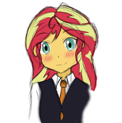 Size: 764x772 | Tagged: safe, artist:angeltorchic, sunset shimmer, equestria girls, g4, blushing, canterlot academia, clothes, cute, female, looking at you, shimmerbetes, simple background, smiling, solo, white background