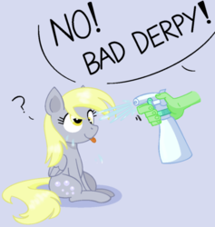 Size: 925x974 | Tagged: artist needed, source needed, safe, derpy hooves, oc, oc:anon, human, pegasus, pony, g4, bad pony, disembodied hand, female, hand, mare, oblivious, question mark, simple background, sitting, spray bottle, tongue out