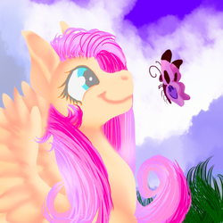 Size: 512x512 | Tagged: safe, artist:brainiac, fluttershy, butterfly, pegasus, pony, g4, bust, cute, female, looking at something, mare, pastel, portrait, profile, solo, spread wings
