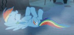 Size: 615x294 | Tagged: safe, screencap, rainbow dash, pegasus, pony, 28 pranks later, g4, season 6, animated, butt, cropped, cute, dashabetes, eyes closed, female, gif, happy, hoofy-kicks, laughing, mare, night, on back, open mouth, plot, rainbow douche, solo, spread wings
