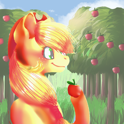 Size: 512x512 | Tagged: safe, artist:brainiac, applejack, g4, apple, apple tree, bust, female, food, portrait, solo, tree