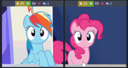 Size: 491x263 | Tagged: safe, screencap, pinkie pie, rainbow dash, earth pony, pegasus, pony, derpibooru, 28 pranks later, animated, blinking, cropped, cursor, cute, female, forced juxtaposition, friendship throne, frown, gif, juxtaposition, juxtaposition win, looking at you, mare, meme, meta, open mouth, raised hoof, shocked, surprised, wide eyes