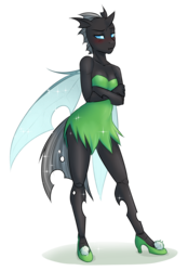 Size: 2729x3928 | Tagged: safe, artist:askbubblelee, oc, oc only, oc:imago, changeling, fairy, anthro, plantigrade anthro, anthro oc, blushing, clothes, crossed arms, cute, cuteling, disney, dress, female, high heels, high res, peter pan, pixie dust, puffy cheeks, scrunchy face, simple background, solo, tinker bell, transparent background