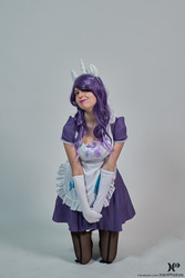 Size: 2561x3840 | Tagged: safe, artist:krazykari, rarity, human, g4, clothes, cosplay, costume, high res, irl, irl human, maid, photo, socks, solo, stockings, thigh highs