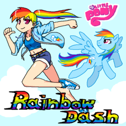 Size: 600x600 | Tagged: safe, artist:marimo, rainbow dash, human, g4, belly button, clothes, converse, humanized, midriff, pixiv, self ponidox, shoes, shorts, sports bra