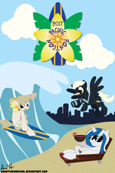 Size: 7200x10800 | Tagged: safe, artist:showtimeandcoal, oc, oc only, oc:mission belle, oc:rockwell, oc:silver strand, earth pony, pegasus, pony, unicorn, absurd resolution, beach, camera, con, con mascot, convention, fun in the sun, lying down, mascot, mascots, on back, pacific ponycon, pacific ponycon 2017, ppc, sunglasses, surfing