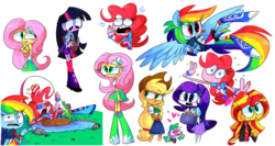 Size: 1280x680 | Tagged: safe, artist:vdru7, applejack, fluttershy, gummy, pinkie pie, rainbow dash, rarity, spike, sunset shimmer, twilight sparkle, dog, equestria girls, g4, 3d glasses, boat, boots, bracelet, clothes, compression shorts, cowboy hat, cute, fishing rod, flying, hat, heart, heart eyes, high heel boots, humane five, humane six, jacket, jewelry, leather jacket, leg warmers, legs, pleated skirt, ponied up, shoes, shorts, skirt, sleeveless, socks, spike the dog, stetson, tank top, wingding eyes, wings