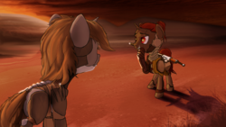 Size: 2870x1614 | Tagged: safe, artist:aaronmk, oc, oc only, oc:littlepip, oc:protege, pony, unicorn, fallout equestria, crossover, fanfic, fanfic art, female, horn, jetstream sam, mare, metal gear, metal gear rising, raiden, scar, scenery, smiling, sword, wasteland, weapon