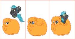 Size: 4926x2566 | Tagged: safe, artist:benybing, oc, oc only, oc:fluffle puff, oc:volty, cannonball, comic, cute, high res, jumping, open mouth, recolor