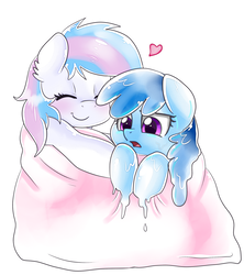 Size: 2118x2382 | Tagged: safe, artist:pridark, oc, oc only, oc:flowheart, oc:starburn, goo pony, original species, badumsquish approved, blanket, blushing, cute, duo, eyes closed, female, frown, heart, high res, hug, open mouth, simple background, smiling, white background, worried