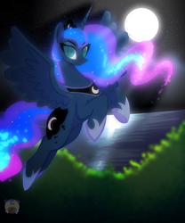 Size: 1000x1200 | Tagged: safe, artist:flutteringpie, princess luna, g4, female, flying, moon, night, solo, water