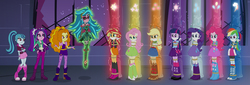 Size: 5000x1700 | Tagged: safe, artist:songokussjsannin8000, adagio dazzle, applejack, aria blaze, fluttershy, gaea everfree, gloriosa daisy, pinkie pie, rainbow dash, rarity, sonata dusk, sunset shimmer, twilight sparkle, human, equestria girls, g4, applejack's hat, bondage, boots, bound and gagged, cloth gag, clothes, compression shorts, cowboy boots, cowboy hat, cute, damsel in distress, denim, denim skirt, female, gag, hat, high heel boots, high heels, high res, humane five, humane seven, humane six, jewelry, leg warmers, over the nose gag, pigtails, pole tied, ponytail, rainbond dash, rope, shoes, skirt, socks, stetson, the dazzlings, tied up, twintails