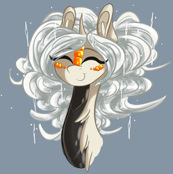 Size: 897x899 | Tagged: safe, artist:australian-senior, oc, oc only, oc:bonnie invictus, alicorn, hybrid, kirin, pony, kirindos, alternate universe, bust, crossover, eyes closed, female, filly, gray background, kirin-ified, p-body (portal), ponified, portal (valve), portal 2, scales, simple background, smiling, solo, species swap