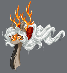 Size: 1280x1390 | Tagged: safe, artist:australian-senior, oc, oc only, oc:bonnie invictus, alicorn, hybrid, kirin, pony, kirindos, alternate universe, antlers, bow, bust, colored sclera, crossover, curved horn, female, golden eyes, gray background, hair bow, horn, kirin-ified, lidded eyes, long neck, looking at you, neck fluff, p-body (portal), ponified, ponytail, portal (valve), portal 2, scales, simple background, slit pupils, smiling, solo, sparkles, species swap, windswept mane, yellow sclera