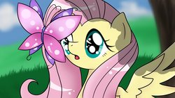 Size: 1024x576 | Tagged: safe, artist:bonsia-lucky, fluttershy, butterfly, pony, g4, bust, female, looking at something, open mouth, solo, spread wings
