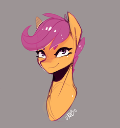 Size: 1084x1154 | Tagged: safe, artist:novabytes, scootaloo, pegasus, pony, g4, bust, eyebrows, female, filly, foal, gray background, looking at you, signature, simple background, smiling, solo