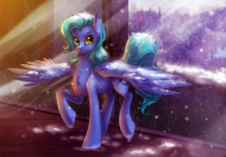 Size: 2560x1778 | Tagged: safe, artist:limreiart, oc, oc only, oc:keg berrystop, pegasus, pony, female, mare, snow, snowfall, solo, spread wings