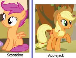 Size: 409x313 | Tagged: safe, applejack, scootaloo, g4, captain obvious, raised hoof, sitting