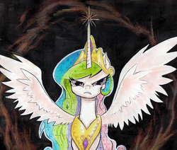 Size: 1305x1108 | Tagged: safe, artist:kittyhawk-contrail, princess celestia, alicorn, pony, fanfic:those who wield power, g4, angry, crown, fanfic, fanfic art, fanfic cover, female, jewelry, mare, peytral, regalia, solo, spread wings, tiara, wings