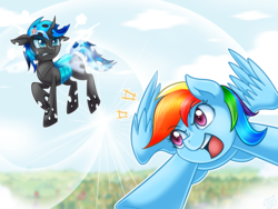 Size: 1500x1125 | Tagged: safe, artist:vavacung, part of a set, rainbow dash, oc, changeling, pegasus, pony, g4, blue changeling, changeling counterpart series, changeling oc, cross-popping veins, female, flying, part of a series, story included